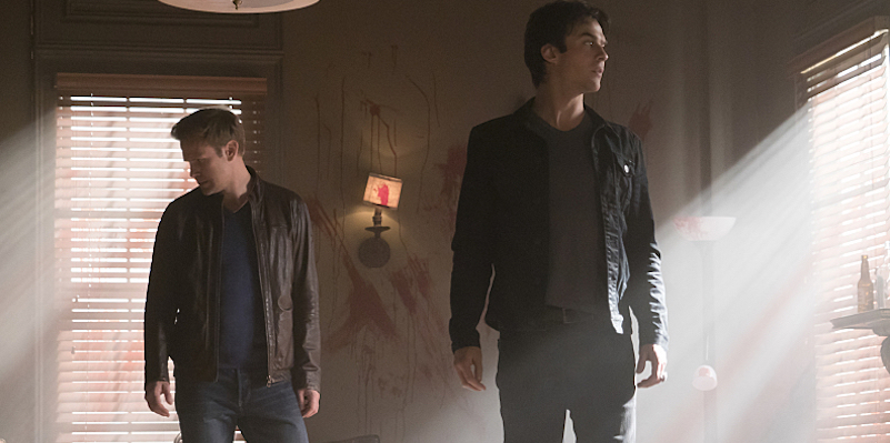 Alaric and Damon find the carnage at the fraternity house